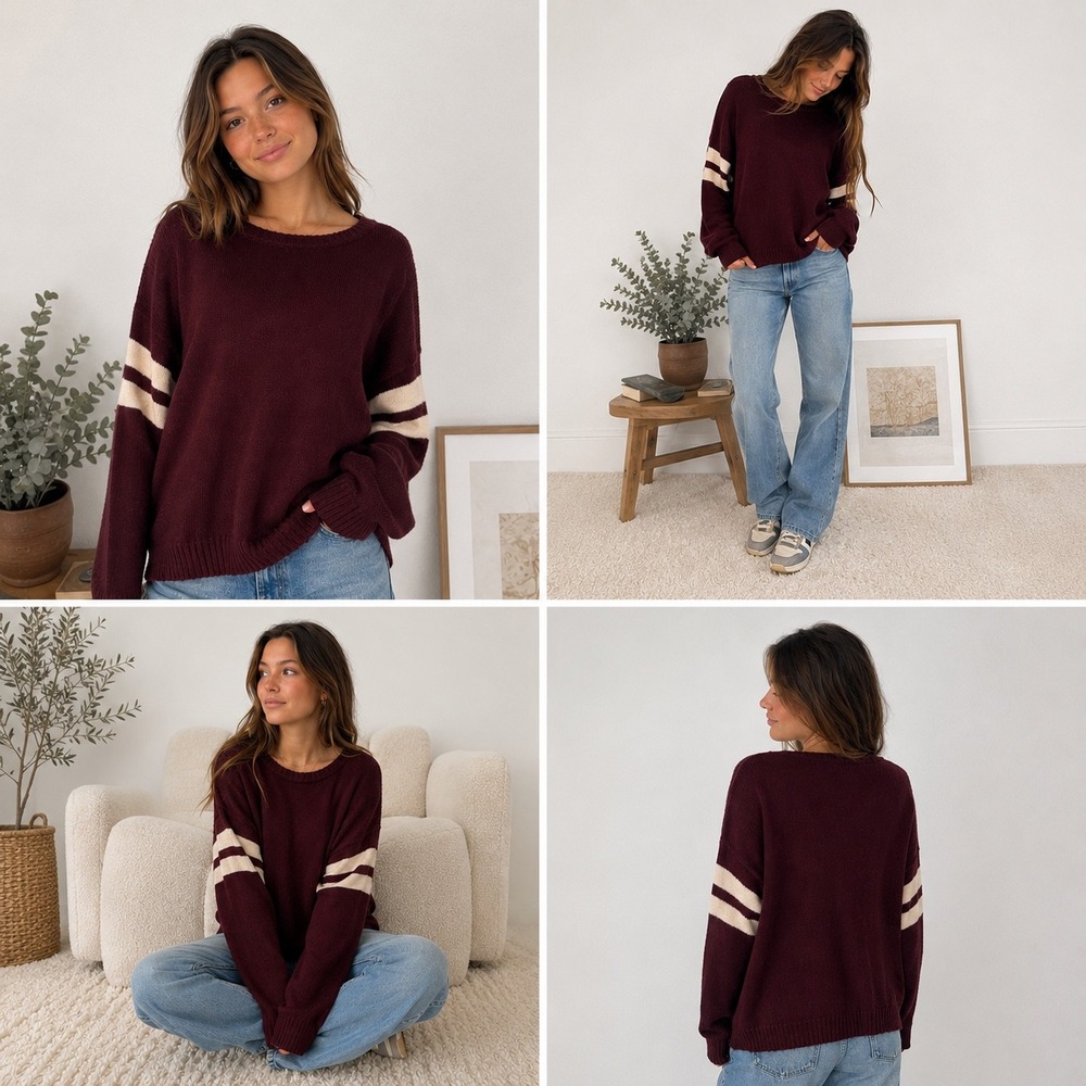 Brandy Melville Sweater Womens OS Burgundy Varsity Stripe Knit Relaxed Pullover